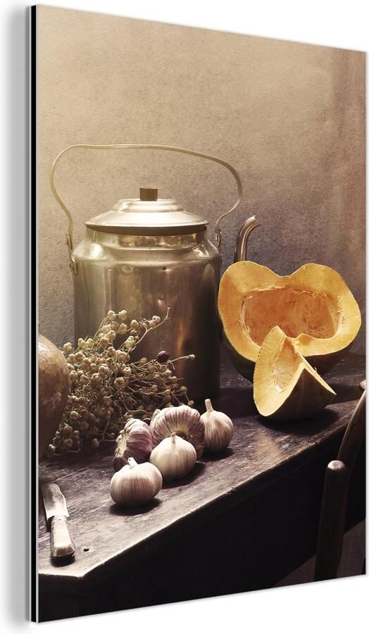 MuchoWow Aluminium schilderij 30x40 cm Wanddecoratie metaal Stilleven Pompoen Knoflook Pan Tafel Metalen muurdecoratie woonkamer Decoratie industrieel Foto op dibond Industriële accessoires slaapkamer