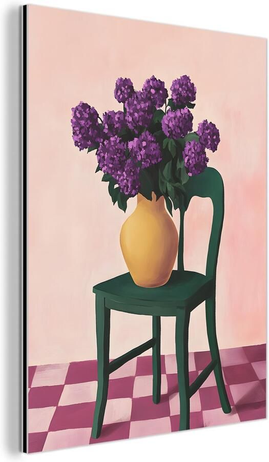 MuchoWow Aluminium schilderij 30x40 cm Wanddecoratie metaal Stoel Vaas Bloemen Geblokt Metalen muurdecoratie woonkamer Decoratie industrieel Foto op dibond Industriële accessoires slaapkamer