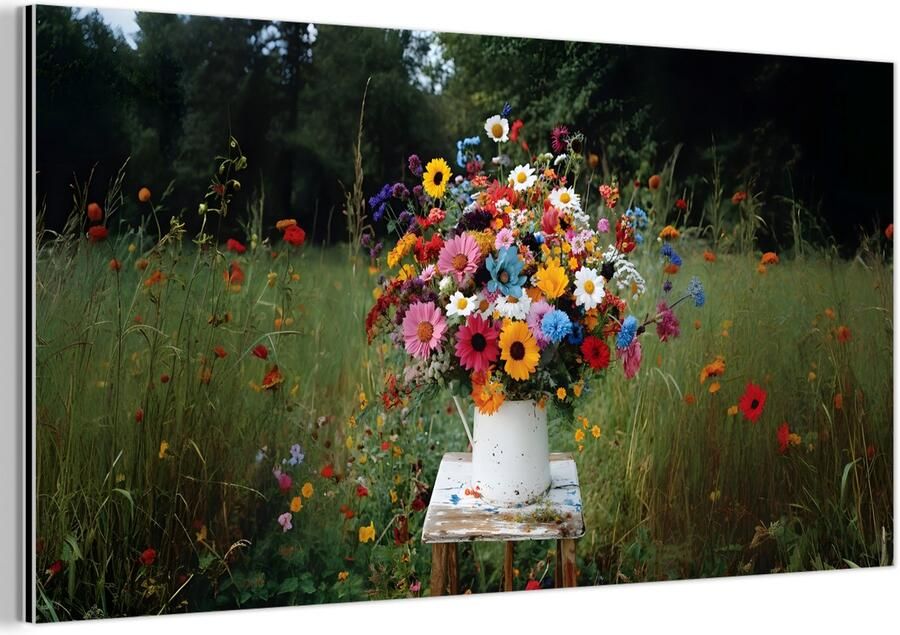 MuchoWow Aluminium schilderij 120x60 cm Wanddecoratie metaal Bloemen Krukje Gieter Veld Metalen muurdecoratie woonkamer Decoratie industrieel Foto op dibond Industriële accessoires slaapkamer