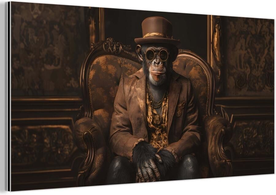 MuchoWow Aluminium schilderij 80x40 cm Wanddecoratie metaal Chimpansee Stoel Pak Bruin Metalen muurdecoratie woonkamer Decoratie industrieel Foto op dibond Industriële accessoires slaapkamer