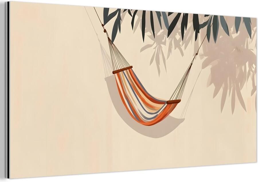 MuchoWow Aluminium schilderij 120x60 cm Wanddecoratie metaal Hangmat Kleurrijk Bladeren Schaduw Metalen muurdecoratie woonkamer Decoratie industrieel Foto op dibond Industriële accessoires slaapkamer