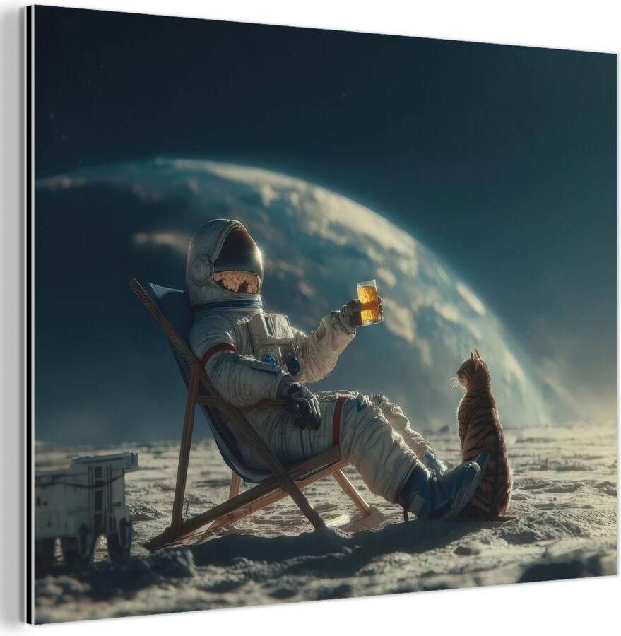 MuchoWow Aluminium schilderij 120x160 cm Wanddecoratie metaal Astronaut Kat Glas Stoel Metalen muurdecoratie woonkamer Decoratie industrieel Foto op dibond Industriële accessoires slaapkamer