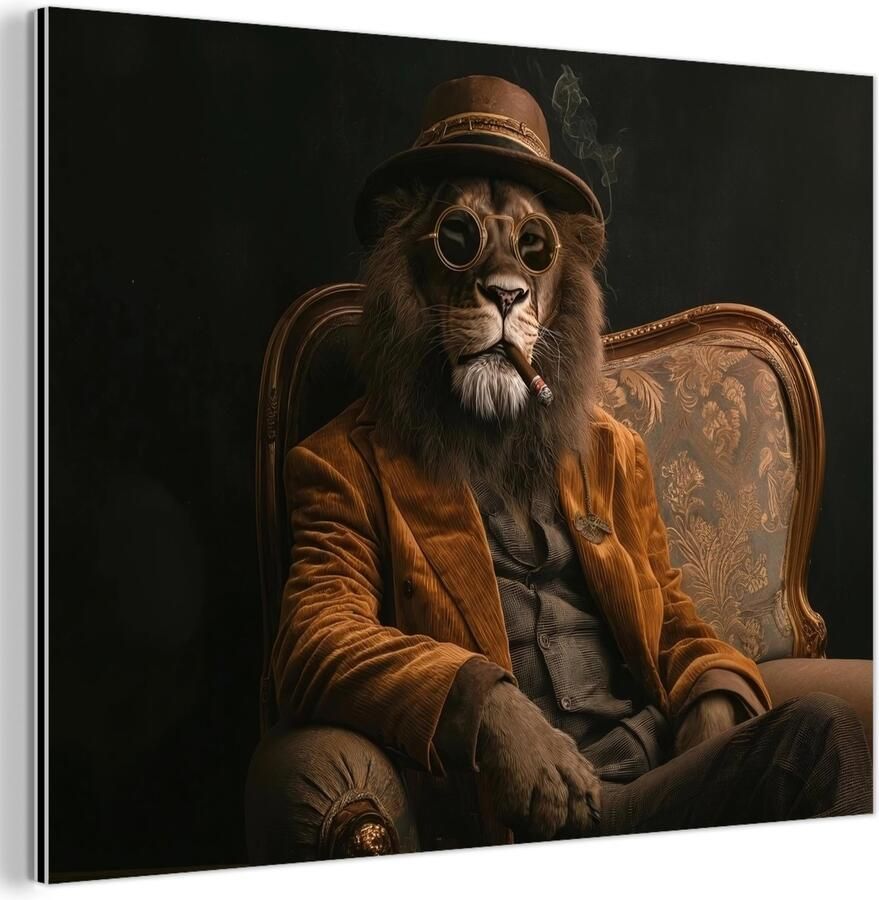 MuchoWow Aluminium schilderij 120x90 cm Wanddecoratie metaal Bril Leeuw Bank Hoed Metalen muurdecoratie woonkamer Decoratie industrieel Foto op dibond Industriële accessoires slaapkamer