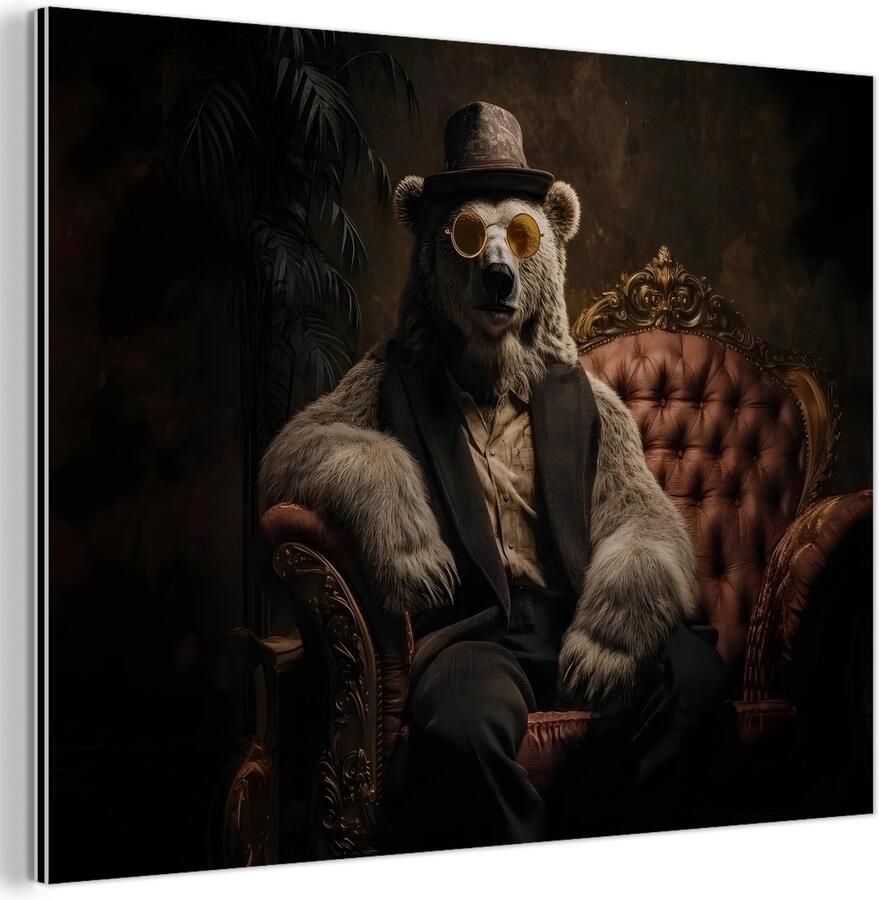 MuchoWow Aluminium schilderij 160x120 cm Wanddecoratie metaal Ijsbeer Hoed Bril Stoel Metalen muurdecoratie woonkamer Decoratie industrieel Foto op dibond Industriële accessoires slaapkamer