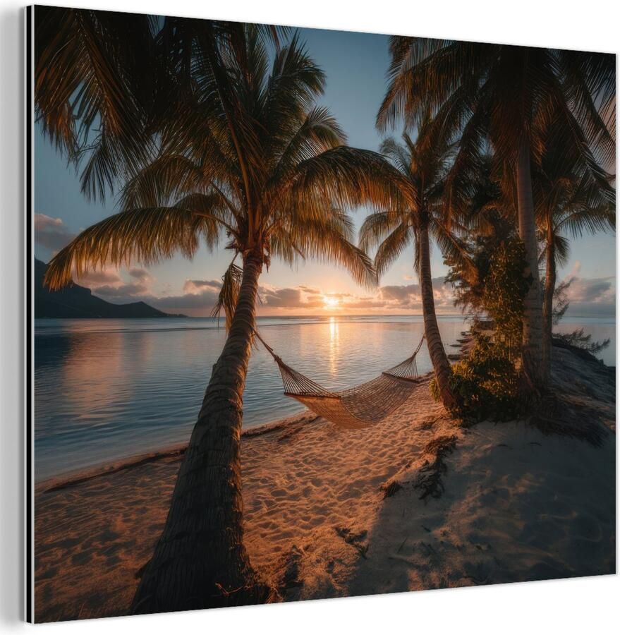 MuchoWow Aluminium schilderij 120x90 cm Wanddecoratie metaal Palmbomen Hangmat Strand Zonsondergang Metalen muurdecoratie woonkamer Decoratie industrieel Foto op dibond Industriële accessoires slaapkamer