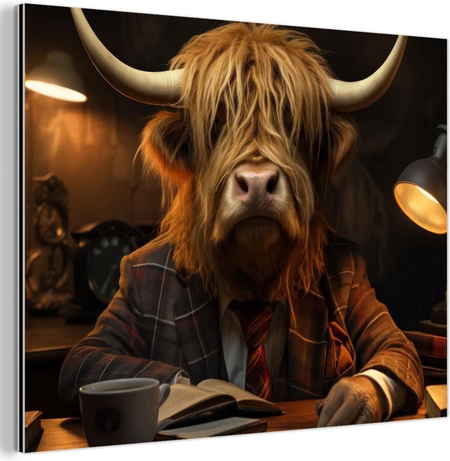 MuchoWow Aluminium schilderij 160x120 cm Wanddecoratie metaal Schotse hooglander Dier Pak Bureau Metalen muurdecoratie woonkamer Decoratie industrieel Foto op dibond Industriële accessoires slaapkamer