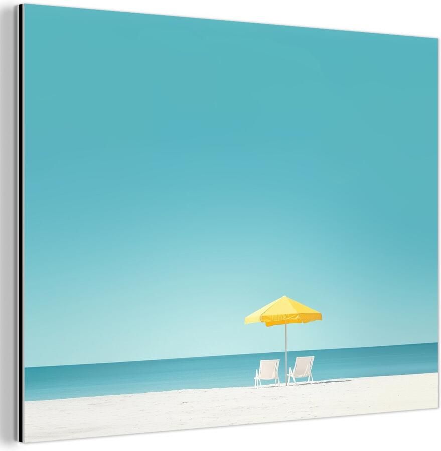 MuchoWow Aluminium schilderij 160x120 cm Wanddecoratie metaal Strand Blauwe lucht Geel Parasol Metalen muurdecoratie woonkamer Decoratie industrieel Foto op dibond Industriële accessoires slaapkamer