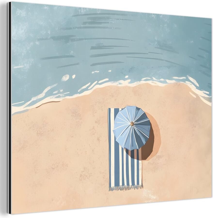 MuchoWow Aluminium schilderij 80x60 cm Wanddecoratie metaal Strandlaken Strepen Parasol Strand Metalen muurdecoratie woonkamer Decoratie industrieel Foto op dibond Industriële accessoires slaapkamer