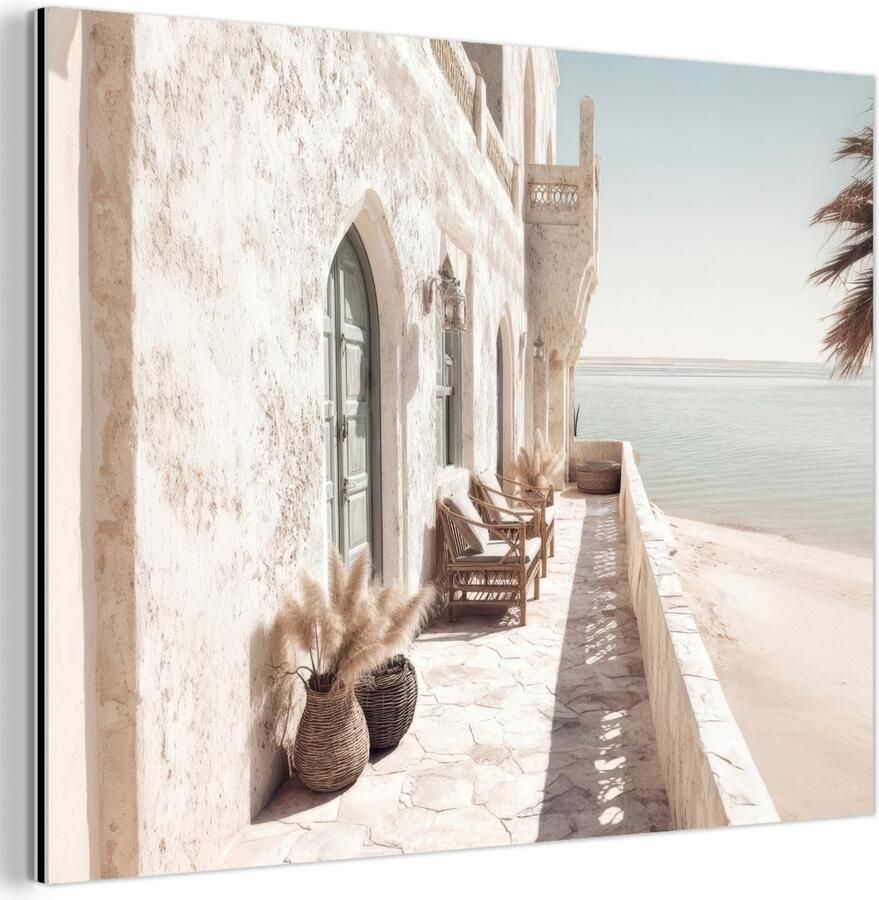 MuchoWow Aluminium schilderij 160x120 cm Wanddecoratie metaal Terras Stoelen Strand Beige Metalen muurdecoratie woonkamer Decoratie industrieel Foto op dibond Industriële accessoires slaapkamer