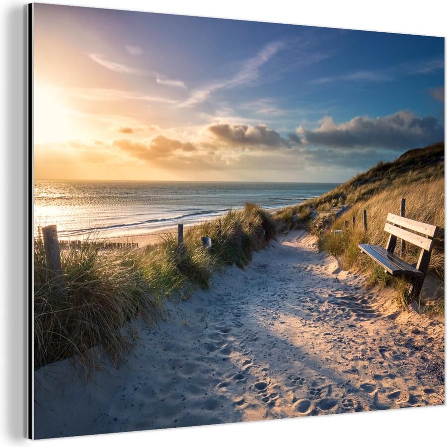 MuchoWow Aluminium schilderij 80x60 cm Wanddecoratie metaal Zonsondergang Strand Duin Gras Bank Metalen muurdecoratie woonkamer Decoratie industrieel Foto op dibond Industriële accessoires slaapkamer