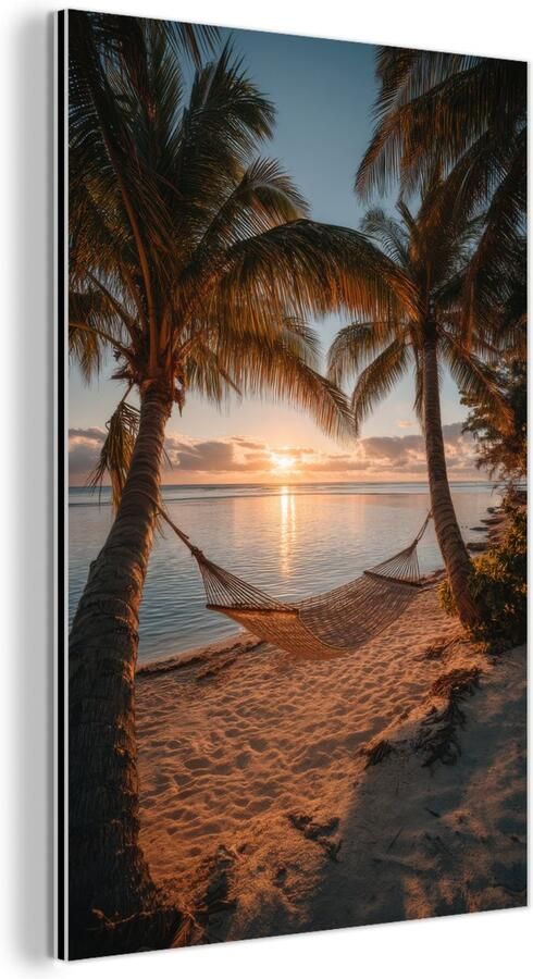 MuchoWow Aluminium schilderij 120x180 cm Wanddecoratie metaal Palmbomen Hangmat Strand Zonsondergang Metalen muurdecoratie woonkamer Decoratie industrieel Foto op dibond Industriële accessoires slaapkamer