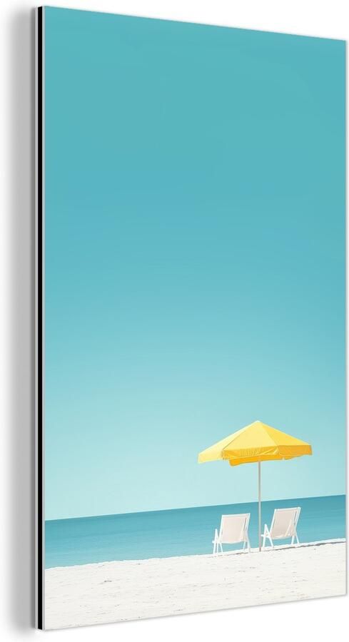MuchoWow Aluminium schilderij 120x180 cm Wanddecoratie metaal Strand Blauwe lucht Geel Parasol Metalen muurdecoratie woonkamer Decoratie industrieel Foto op dibond Industriële accessoires slaapkamer