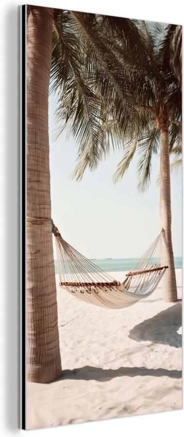 MuchoWow Aluminium schilderij 80x160 cm Wanddecoratie metaal Hangmat Palmbomen Strand Zee Metalen muurdecoratie woonkamer Decoratie industrieel Foto op dibond Industriële accessoires slaapkamer