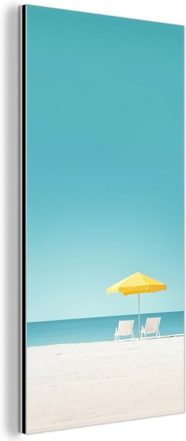 MuchoWow Aluminium schilderij 20x40 cm Wanddecoratie metaal Strand Blauwe lucht Geel Parasol Metalen muurdecoratie woonkamer Decoratie industrieel Foto op dibond Industriële accessoires slaapkamer
