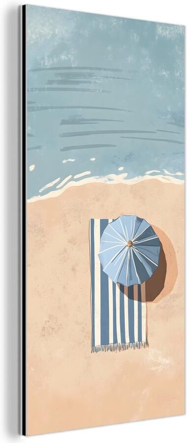 MuchoWow Aluminium schilderij 20x40 cm Wanddecoratie metaal Strandlaken Strepen Parasol Strand Metalen muurdecoratie woonkamer Decoratie industrieel Foto op dibond Industriële accessoires slaapkamer