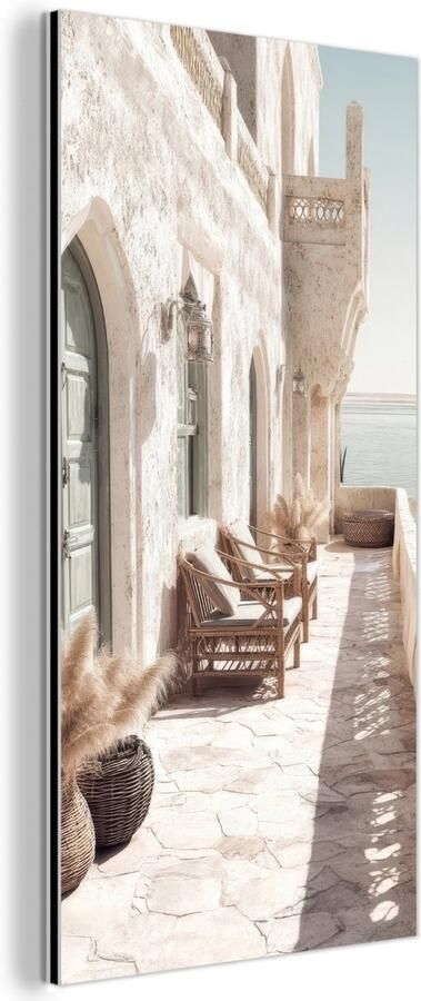 MuchoWow Aluminium schilderij 20x40 cm Wanddecoratie metaal Terras Stoelen Strand Beige Metalen muurdecoratie woonkamer Decoratie industrieel Foto op dibond Industriële accessoires slaapkamer