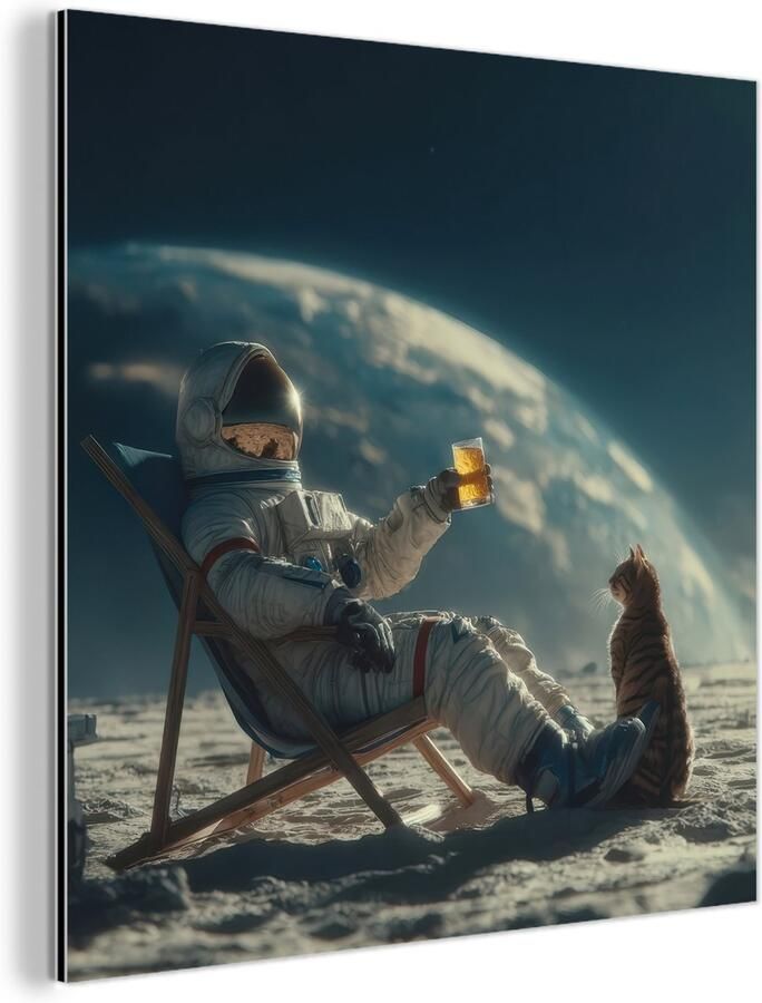 MuchoWow Aluminium schilderij 120x180 cm Wanddecoratie metaal Astronaut Kat Glas Stoel Metalen muurdecoratie woonkamer Decoratie industrieel Foto op dibond Industriële accessoires slaapkamer - Foto 3
