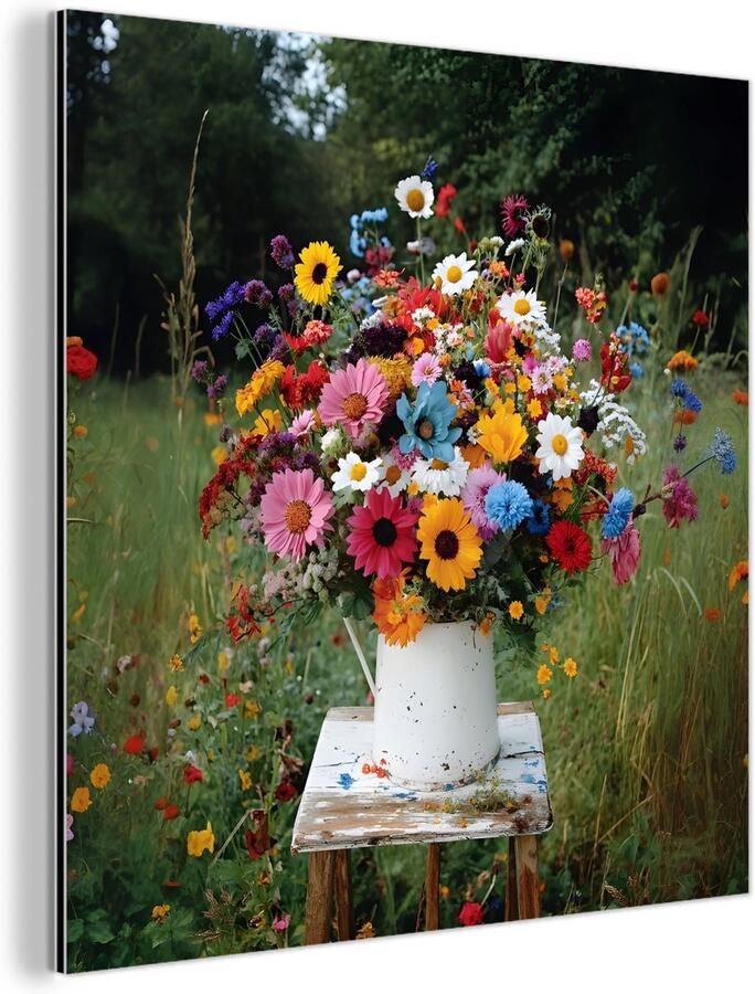 MuchoWow Aluminium schilderij 20x20 cm Wanddecoratie metaal Bloemen Krukje Gieter Veld Metalen muurdecoratie woonkamer Decoratie industrieel Foto op dibond Industriële accessoires slaapkamer