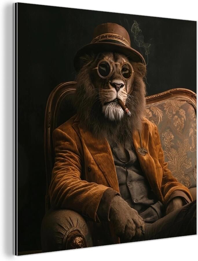 MuchoWow Aluminium schilderij 50x50 cm Wanddecoratie metaal Bril Leeuw Bank Hoed Metalen muurdecoratie woonkamer Decoratie industrieel Foto op dibond Industriële accessoires slaapkamer