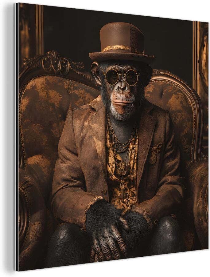 MuchoWow Aluminium schilderij 50x50 cm Wanddecoratie metaal Chimpansee Stoel Pak Bruin Metalen muurdecoratie woonkamer Decoratie industrieel Foto op dibond Industriële accessoires slaapkamer