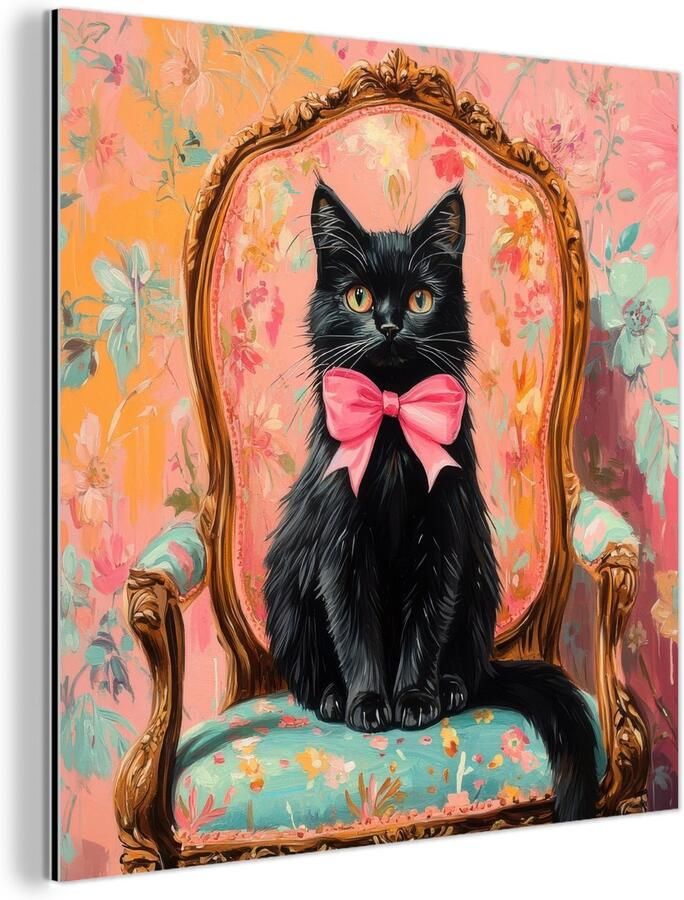 MuchoWow Aluminium schilderij 50x50 cm Wanddecoratie metaal Kat Roze Stoel met bloemenmotief Metalen muurdecoratie woonkamer Decoratie industrieel Foto op dibond Industriële accessoires slaapkamer
