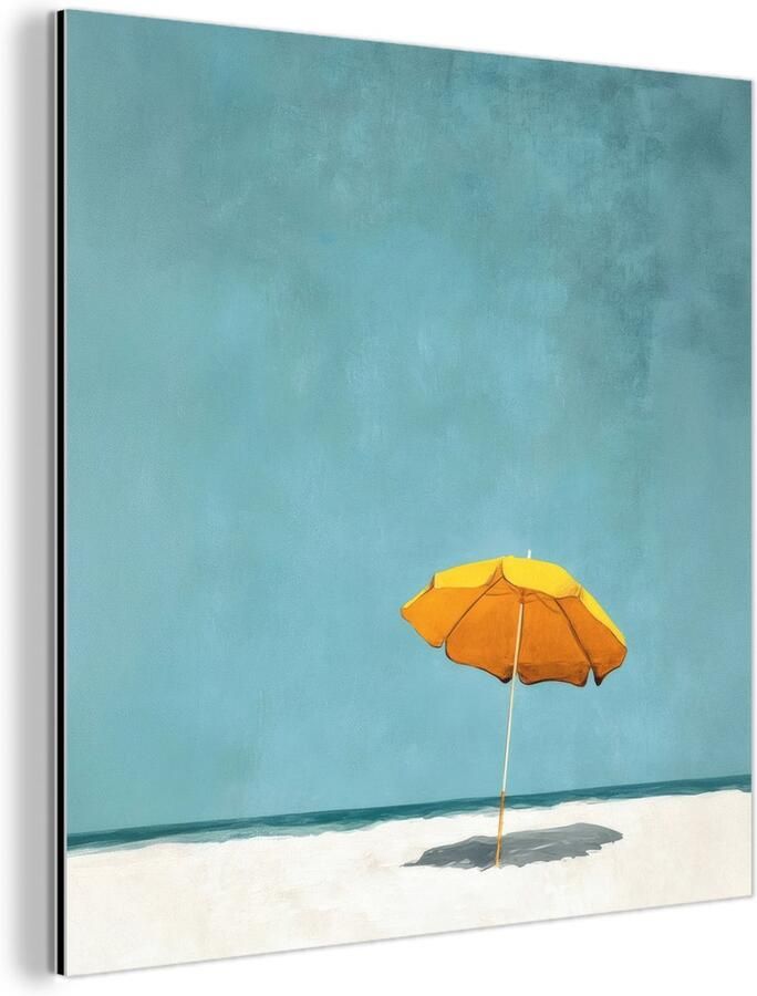 MuchoWow Aluminium schilderij 50x50 cm Wanddecoratie metaal Parasol Geel Strand Zee Metalen muurdecoratie woonkamer Decoratie industrieel Foto op dibond Industriële accessoires slaapkamer