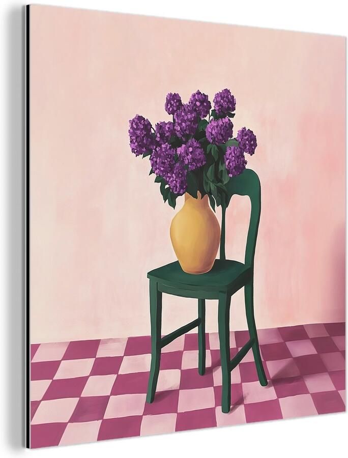 MuchoWow Aluminium schilderij 50x50 cm Wanddecoratie metaal Stoel Vaas Bloemen Geblokt Metalen muurdecoratie woonkamer Decoratie industrieel Foto op dibond Industriële accessoires slaapkamer