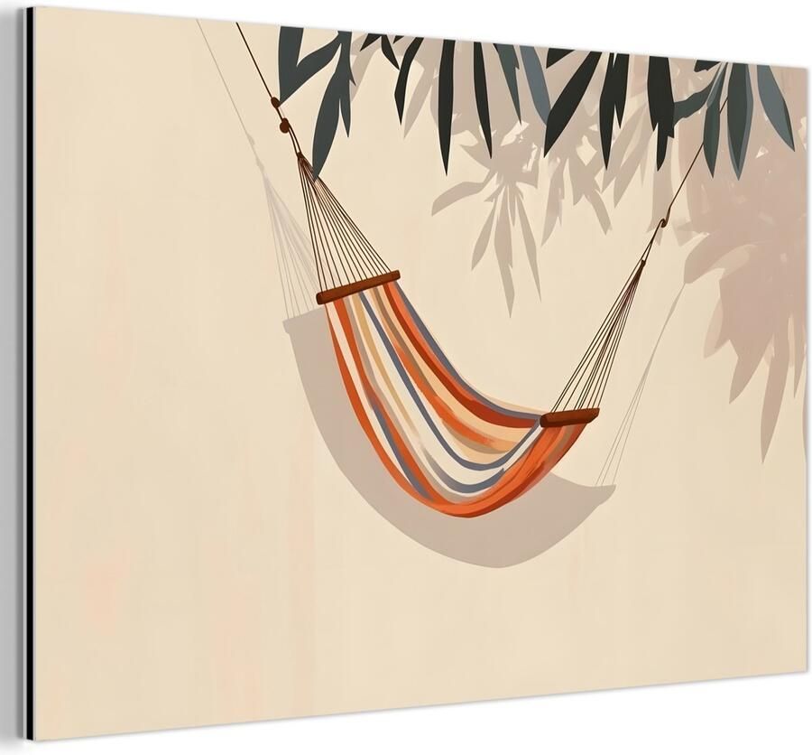 MuchoWow Aluminium schilderij 120x80 cm Wanddecoratie metaal Hangmat Kleurrijk Bladeren Schaduw Metalen muurdecoratie woonkamer Decoratie industrieel Foto op dibond Industriële accessoires slaapkamer