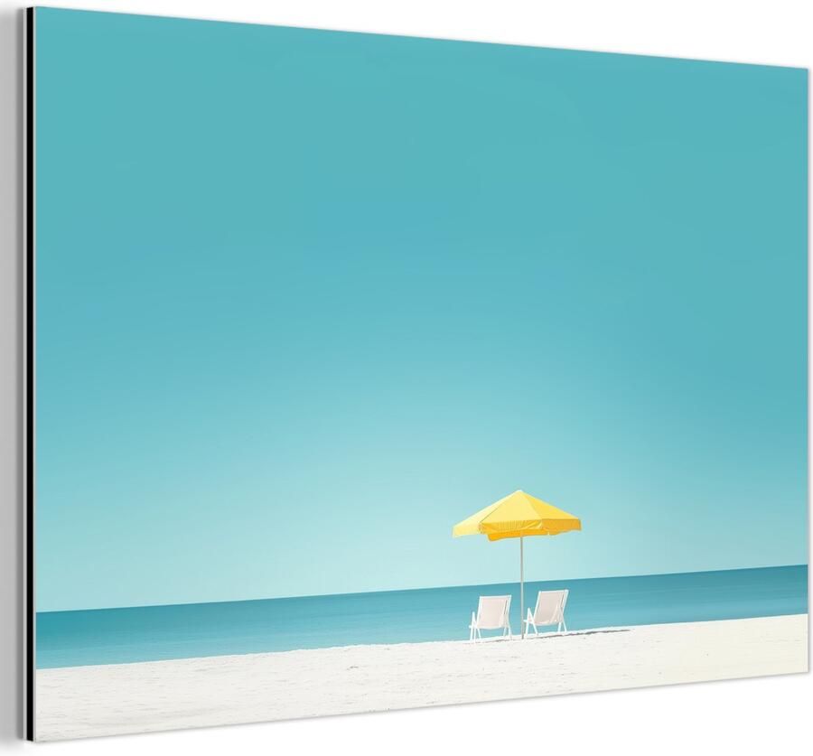 MuchoWow Aluminium schilderij 90x60 cm Wanddecoratie metaal Strand Blauwe lucht Geel Parasol Metalen muurdecoratie woonkamer Decoratie industrieel Foto op dibond Industriële accessoires slaapkamer