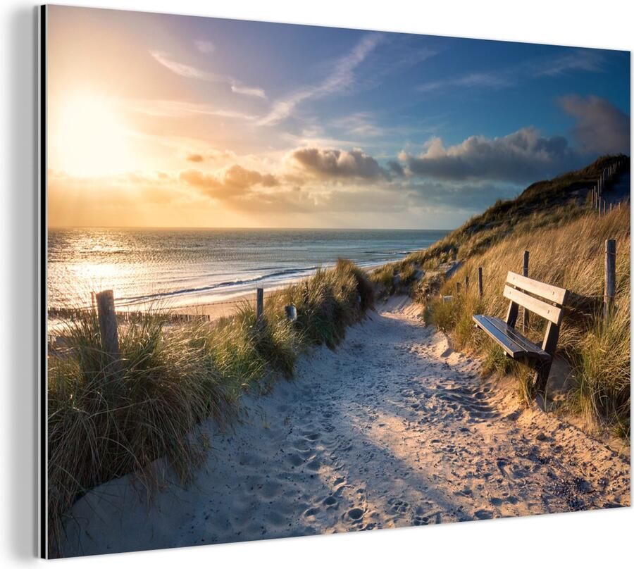 MuchoWow Aluminium schilderij 90x60 cm Wanddecoratie metaal Zonsondergang Strand Duin Gras Bank Metalen muurdecoratie woonkamer Decoratie industrieel Foto op dibond Industriële accessoires slaapkamer