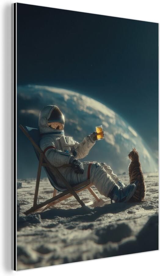 MuchoWow Aluminium schilderij 120x160 cm Wanddecoratie metaal Astronaut Kat Glas Stoel Metalen muurdecoratie woonkamer Decoratie industrieel Foto op dibond Industriële accessoires slaapkamer - Foto 2