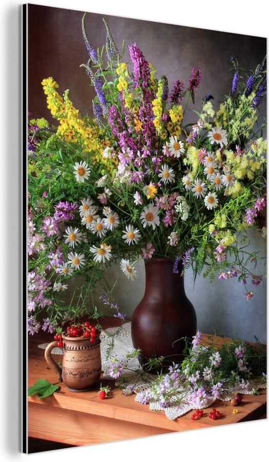 MuchoWow Aluminium schilderij 30x40 cm Wanddecoratie metaal Bloemen Tafel Stilleven Boeket Vaas Metalen muurdecoratie woonkamer Decoratie industrieel Foto op dibond Industriële accessoires slaapkamer