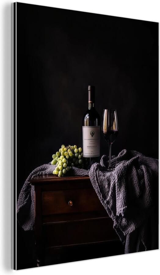 MuchoWow Aluminium schilderij 30x40 cm Wanddecoratie metaal Druiven Wijn Rood Tafel Metalen muurdecoratie woonkamer Decoratie industrieel Foto op dibond Industriële accessoires slaapkamer