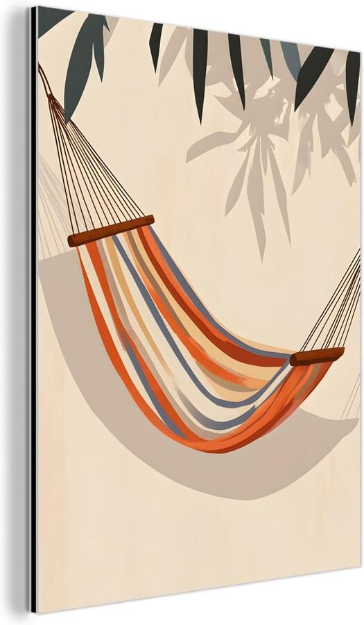 MuchoWow Aluminium schilderij 120x160 cm Wanddecoratie metaal Hangmat Kleurrijk Bladeren Schaduw Metalen muurdecoratie woonkamer Decoratie industrieel Foto op dibond Industriële accessoires slaapkamer