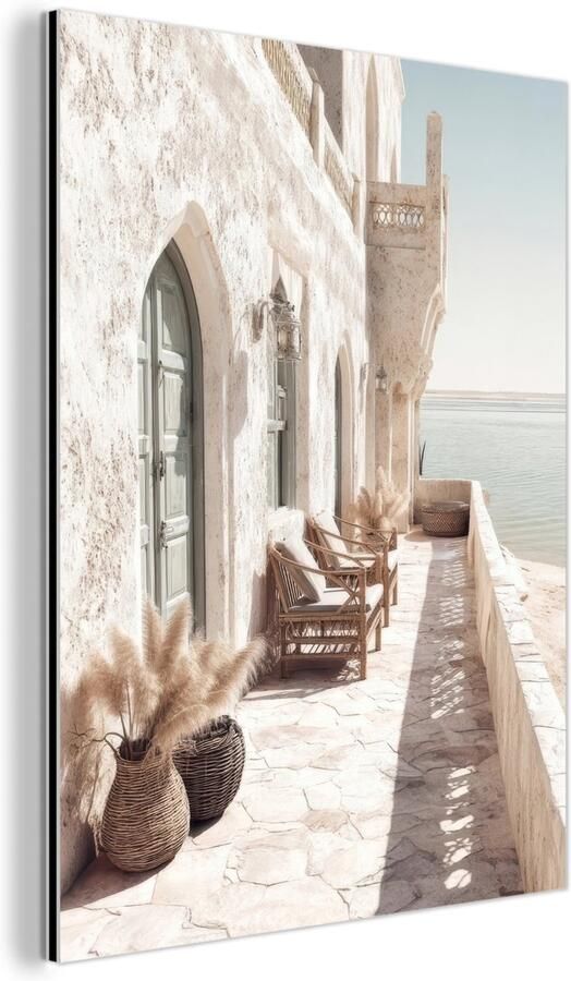 MuchoWow Aluminium schilderij 120x160 cm Wanddecoratie metaal Terras Stoelen Strand Beige Metalen muurdecoratie woonkamer Decoratie industrieel Foto op dibond Industriële accessoires slaapkamer