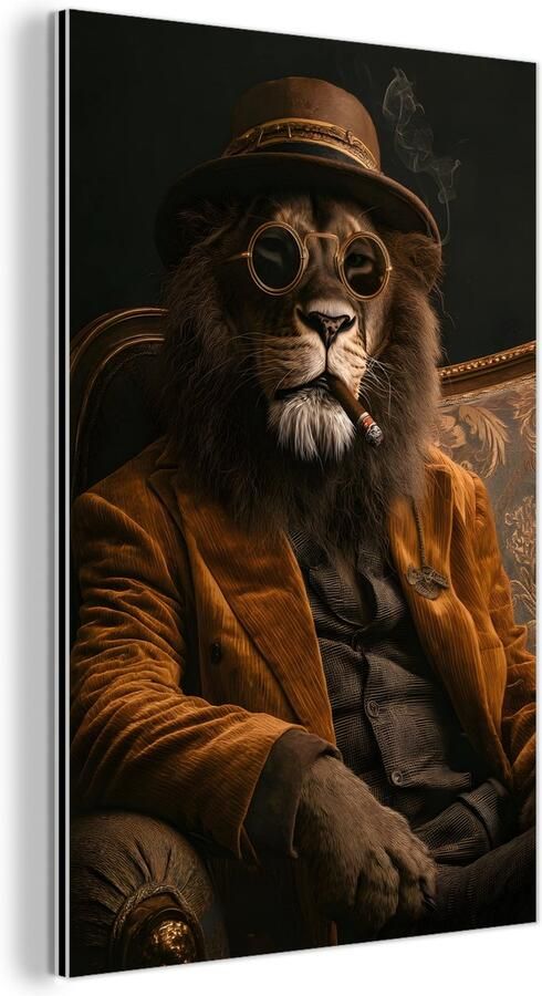 MuchoWow Aluminium schilderij 120x180 cm Wanddecoratie metaal Bril Leeuw Bank Hoed Metalen muurdecoratie woonkamer Decoratie industrieel Foto op dibond Industriële accessoires slaapkamer