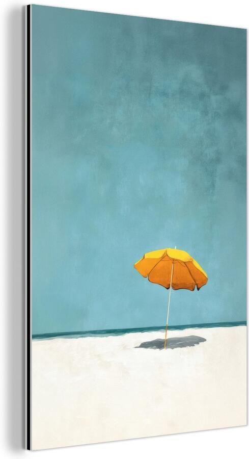 MuchoWow Aluminium schilderij 120x180 cm Wanddecoratie metaal Parasol Geel Strand Zee Metalen muurdecoratie woonkamer Decoratie industrieel Foto op dibond Industriële accessoires slaapkamer