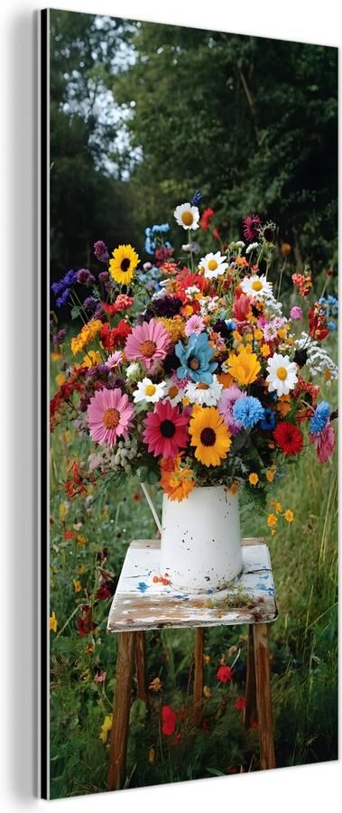 MuchoWow Aluminium schilderij 20x40 cm Wanddecoratie metaal Bloemen Krukje Gieter Veld Metalen muurdecoratie woonkamer Decoratie industrieel Foto op dibond Industriële accessoires slaapkamer