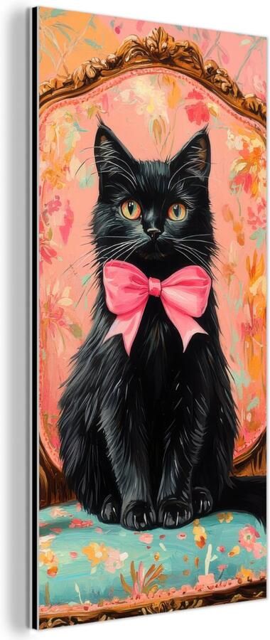 MuchoWow Aluminium schilderij 20x40 cm Wanddecoratie metaal Kat Roze Stoel met bloemenmotief Metalen muurdecoratie woonkamer Decoratie industrieel Foto op dibond Industriële accessoires slaapkamer