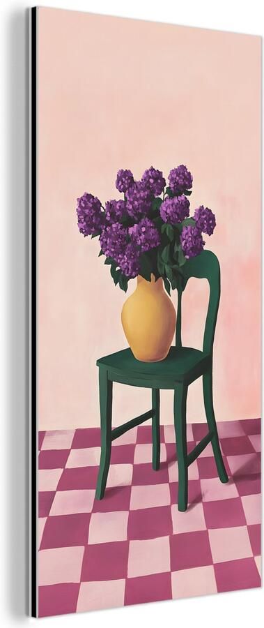 MuchoWow Aluminium schilderij 20x40 cm Wanddecoratie metaal Stoel Vaas Bloemen Geblokt Metalen muurdecoratie woonkamer Decoratie industrieel Foto op dibond Industriële accessoires slaapkamer