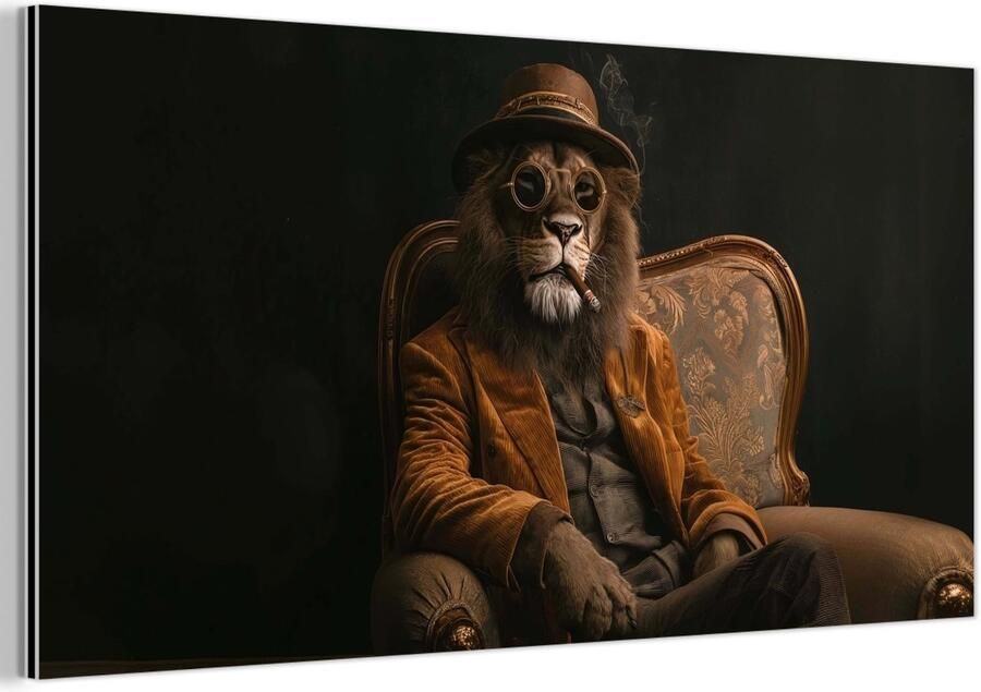 MuchoWow Aluminium schilderij 80x40 cm Wanddecoratie metaal Bril Leeuw Bank Hoed Metalen muurdecoratie woonkamer Decoratie industrieel Foto op dibond Industriële accessoires slaapkamer