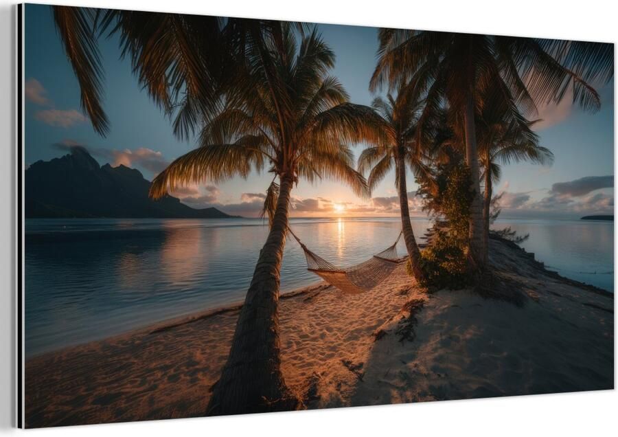 MuchoWow Aluminium schilderij 120x60 cm Wanddecoratie metaal Palmbomen Hangmat Strand Zonsondergang Metalen muurdecoratie woonkamer Decoratie industrieel Foto op dibond Industriële accessoires slaapkamer