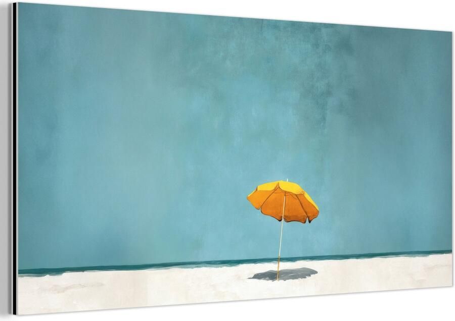 MuchoWow Aluminium schilderij 80x40 cm Wanddecoratie metaal Parasol Geel Strand Zee Metalen muurdecoratie woonkamer Decoratie industrieel Foto op dibond Industriële accessoires slaapkamer