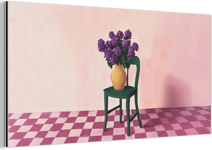 MuchoWow Aluminium schilderij 40x20 cm Wanddecoratie metaal Stoel Vaas Bloemen Geblokt Metalen muurdecoratie woonkamer Decoratie industrieel Foto op dibond Industriële accessoires slaapkamer