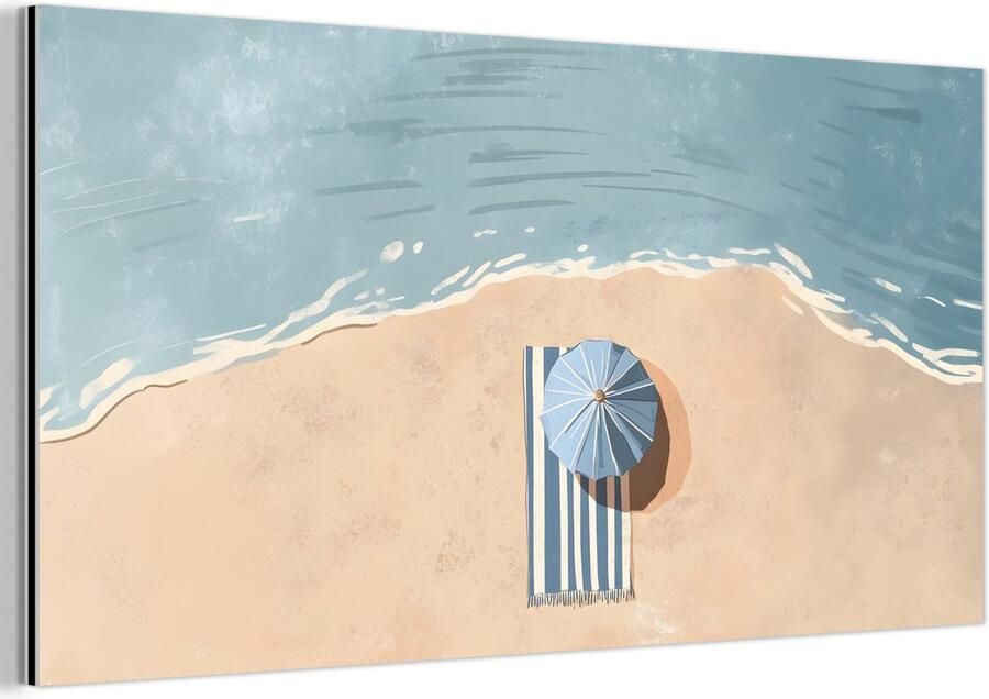 MuchoWow Aluminium schilderij 80x40 cm Wanddecoratie metaal Strandlaken Strepen Parasol Strand Metalen muurdecoratie woonkamer Decoratie industrieel Foto op dibond Industriële accessoires slaapkamer
