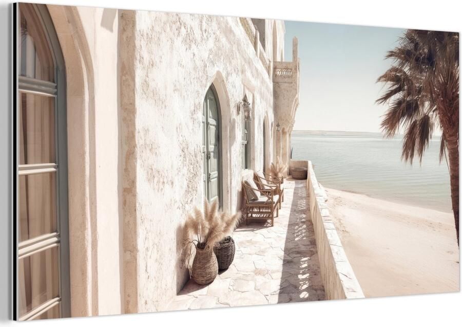 MuchoWow Aluminium schilderij 80x40 cm Wanddecoratie metaal Terras Stoelen Strand Beige Metalen muurdecoratie woonkamer Decoratie industrieel Foto op dibond Industriële accessoires slaapkamer