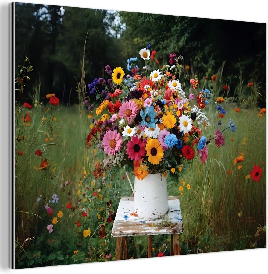 MuchoWow Aluminium schilderij 120x90 cm Wanddecoratie metaal Bloemen Krukje Gieter Veld Metalen muurdecoratie woonkamer Decoratie industrieel Foto op dibond Industriële accessoires slaapkamer
