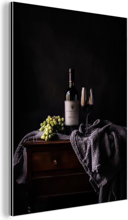 MuchoWow Aluminium schilderij 90x120 cm Wanddecoratie metaal Druiven Wijn Rood Tafel Metalen muurdecoratie woonkamer Decoratie industrieel Foto op dibond Industriële accessoires slaapkamer