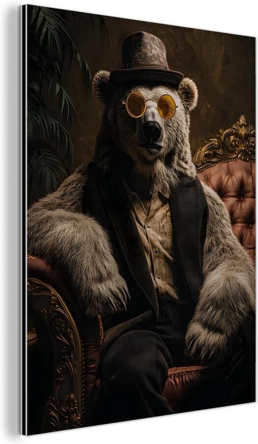 MuchoWow Aluminium schilderij 120x160 cm Wanddecoratie metaal Ijsbeer Hoed Bril Stoel Metalen muurdecoratie woonkamer Decoratie industrieel Foto op dibond Industriële accessoires slaapkamer