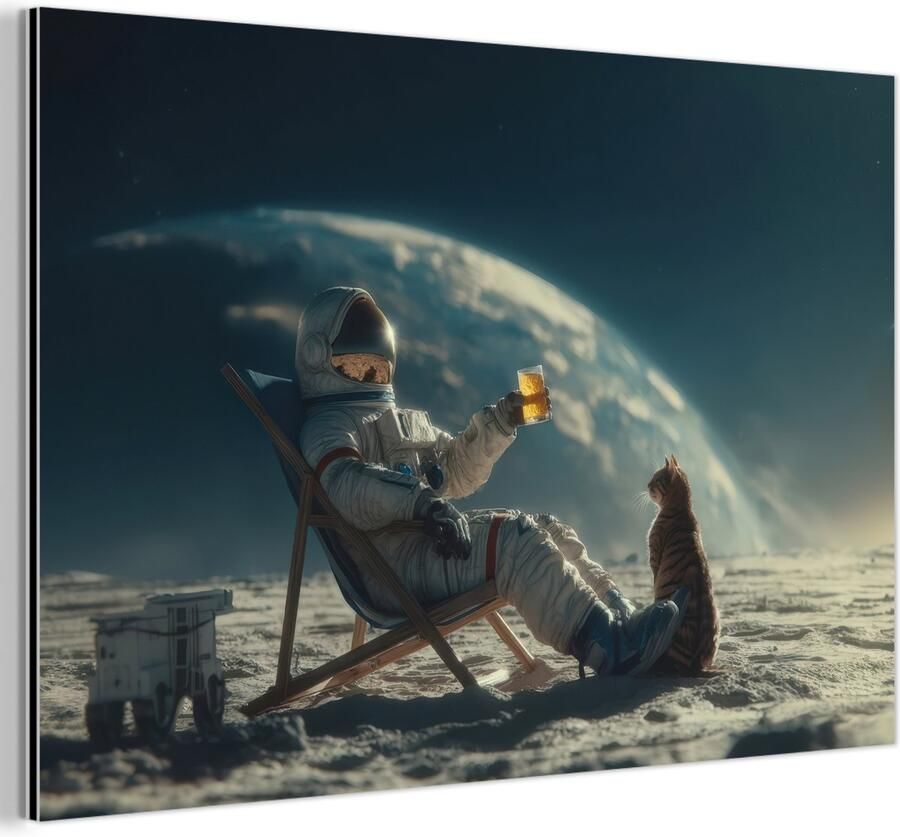 MuchoWow Aluminium schilderij 120x180 cm Wanddecoratie metaal Astronaut Kat Glas Stoel Metalen muurdecoratie woonkamer Decoratie industrieel Foto op dibond Industriële accessoires slaapkamer